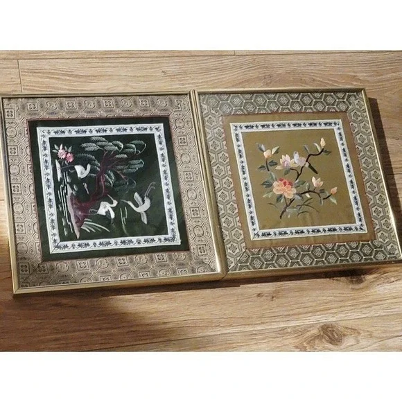 Vintage Framed Asian Silk Embroidered Art Pair Birds Flowers Wall‎ Decor